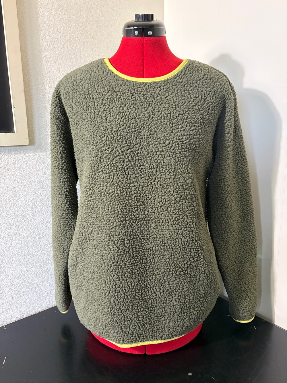 Lands' End Olive Green Sherpa Crewneck with Yellow Trim